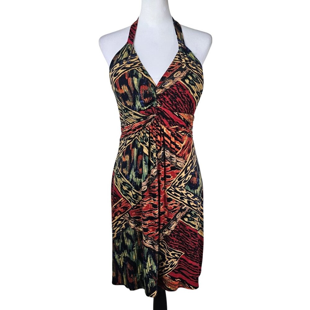 Vintage Y2K Muse Babydoll Halter Dress 10 Multicolor‎ Patchwork Stretch Urban